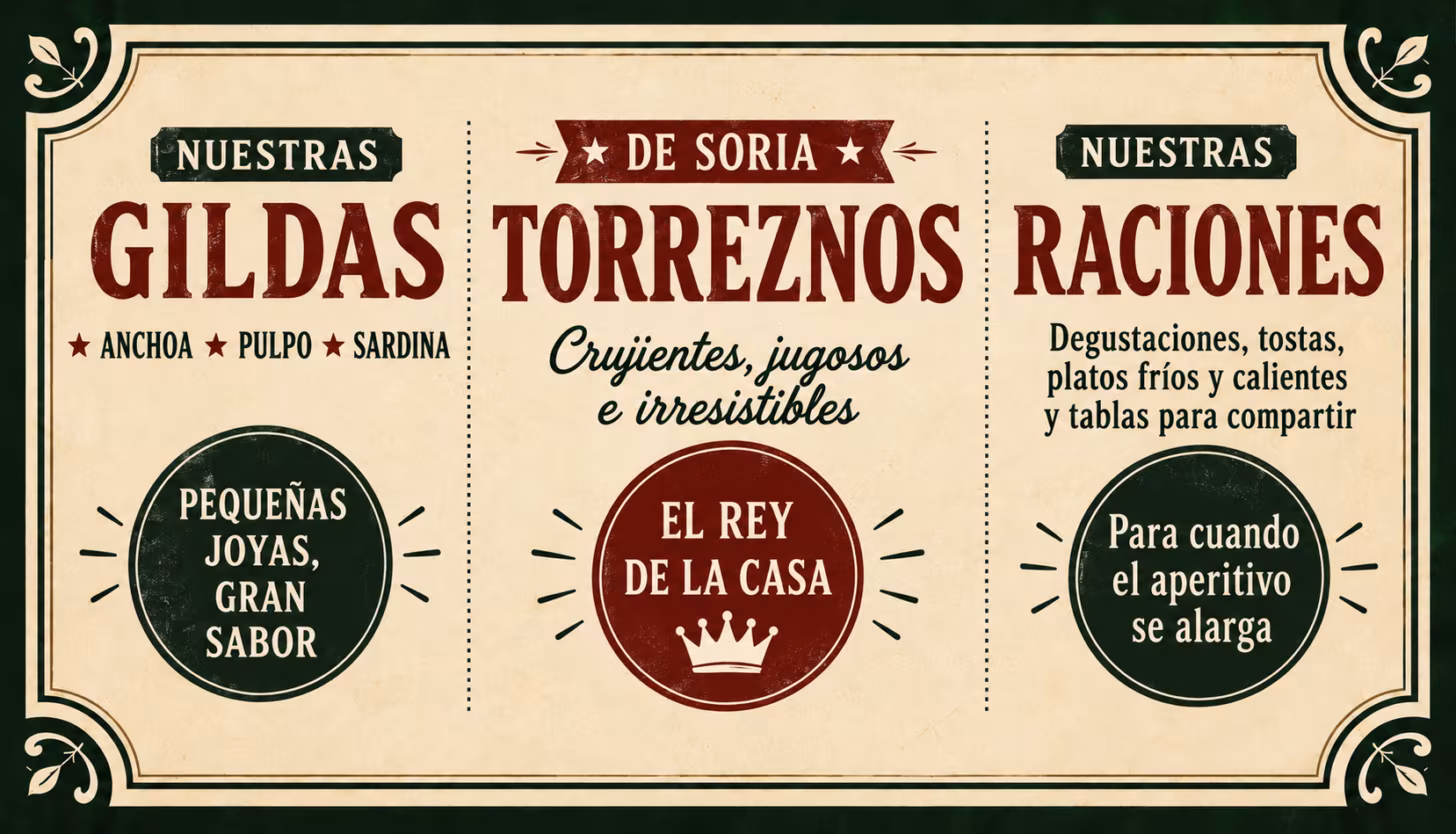 De nuestra cocina — gildas, torreznos de Soria y raciones para compartir