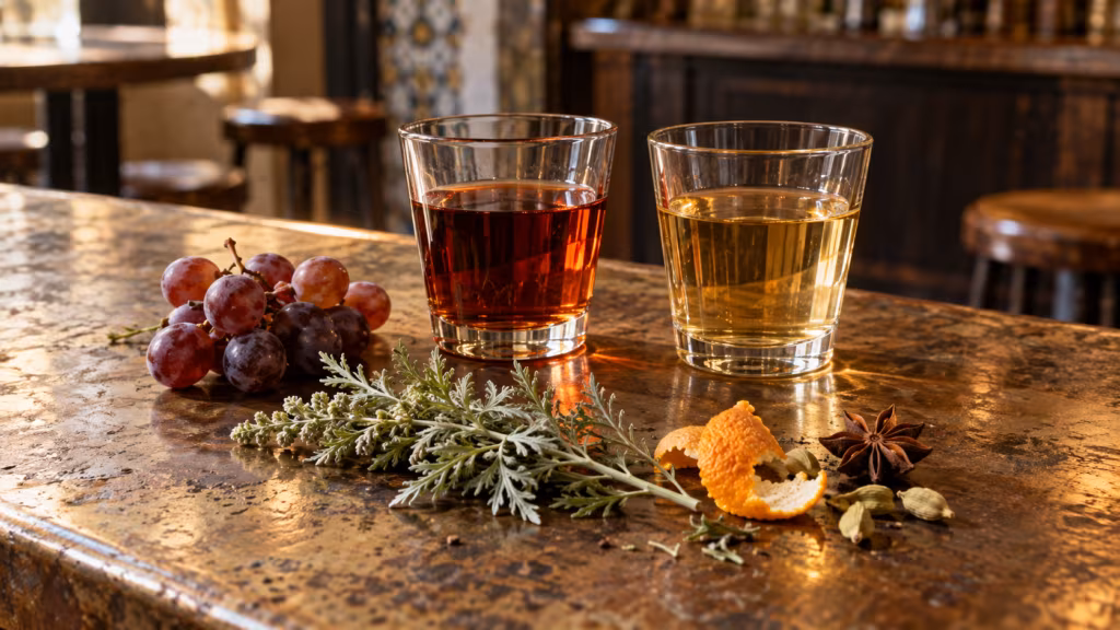 Dos copas de vermut junto a uvas y plantas aromáticas para explicar qué es el vermut